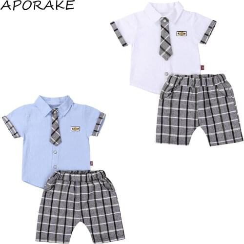 2021 0-4Y Casual Kids Baby Boys Clothing Set Bow-tie Short Sleeve Shirt Top+Plaid Print Shorts Gentleman School 2pcs Outfits
