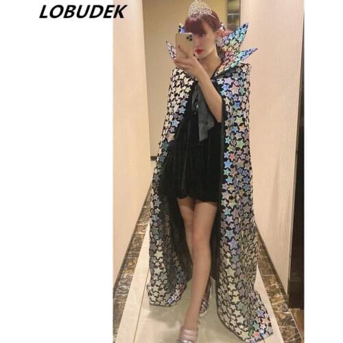Silver Laser Star Pattern Stand Collar Cloak Bar Nightclub Female Singer Model Catwalk Stage Long Coat Party Celebrate Overcoat