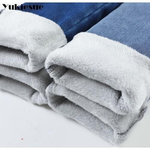 Warm Jeans Pants For Women Plus Size Winter Blue Light blue Solid Skinny Fleeces Thick Pencil Pants with Velvet Denim Trousers