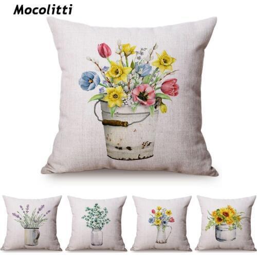 Vintage Floral Vase Colorful Charming Flowers Sunflower Room Decorative Throw Pillow Cover Cotton Linen Sofa Chair Cushion Cover