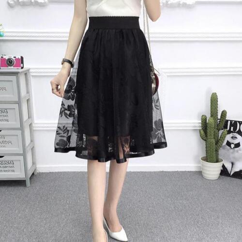 Zuolunouba Summer Fashion Black Lace Lady Skirt Sexy Elastic Loose High Waist Women Skirts Floral A-line Knee-length