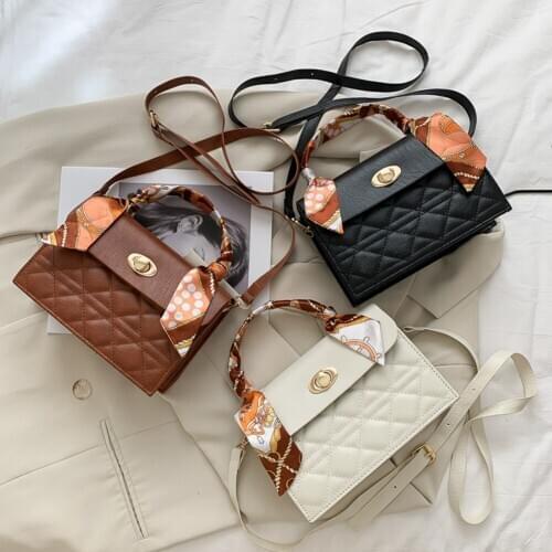 2021 Women Lattice Crossbody Bag Silk Scarf Handle Ladies Casual PU Leather Shoulder Bags Fashion Female Handbags Purse Bolsa