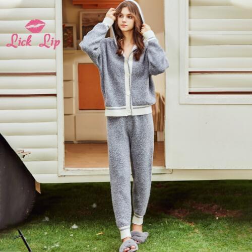 Lick Lip Autumn Blue College Wind Hooded Set Comfortable Pajamas Women Home Service 2 Piece Pajamas Sets SWD8583-40