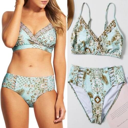 Female Sexy Sling High Waist Printed Ladies Split Bikini Swimsuit Green