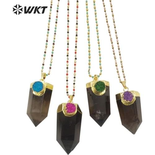 WT-N1289 Charming 18k real gold plated Smoky quartz with druzy hexagona quartz point necklace populared spirit quartz necklace