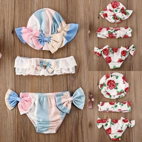 3PCS Newborn Kids Baby Girl Floral Off Shoulder Strapless Tops Swimwear Swimsuit Bikini Shorts Bathing Suit With Hat Beachwear