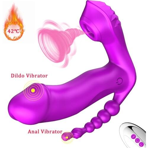 3 IN 1 Sucking Vibrator Heating Wearable Dildo Vibrator Anal Vagina Clitoris Stimulator G-spot Oral Suction Sex Toys for Women