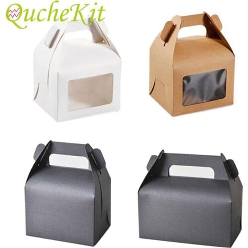 50pcs Kraft Paper Pastry Baking Cake Box With Handle Wedding Christmas Festival Transparent Window Portable Packaging Gift Boxes