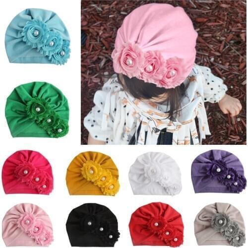 One Piece Newborn Toddler Kids Baby Girls Pearl Three Flower Cotton Beanie Hat Winter Cap Sweet Solid Cute Lovely Warm Soft