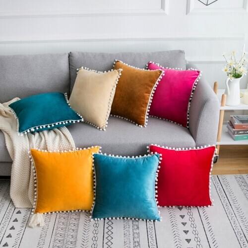 Velvet Solid Color Cushion Cover Sofa Pillowcase With Lace Ball Decoration Multicolor Throw Pillow Cover 30*50/45*45/50*50cm