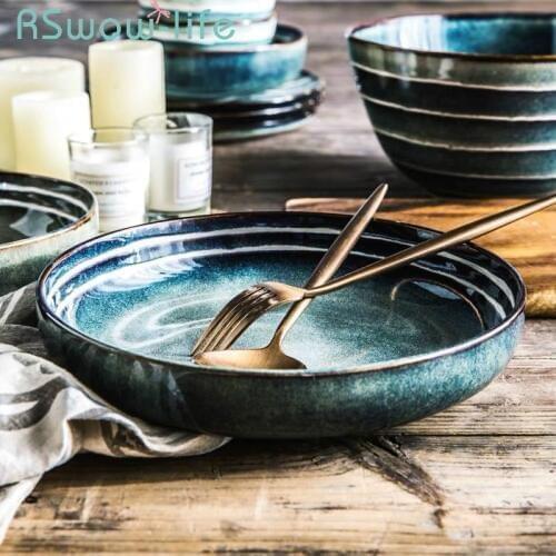 Household Japanese Ceramic Plate Cutlery Creative Fruit Salad Bowl Personality Bowl Deep Soup Plate For Kitchen Serving Bowls