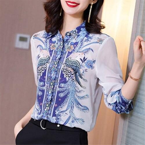 Elegant Printed Tops Korean Fashion Women Shirt Long-Sleeved Chiffon Blouse Shirt Turn Down Collar Office Lady Clothing
