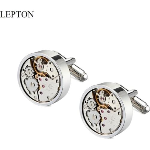 Hot Sale Watch Movement Design Cufflinks Silver Color Lepton Steampunk Gear Watch Mechanism Cuff Links for Mens Relojes Gemelos