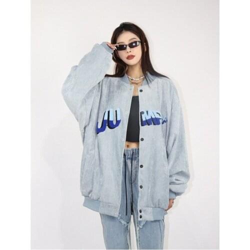 MRWILK American Coat Womens 2021 New Spring And Autumn Loose Corduroy Baseball Jacket Chaogao Street Hip Hop Embroidered Jacket