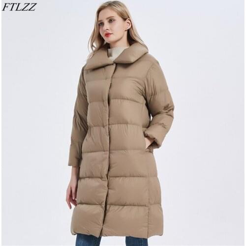 FTLZZ Winter Lapel Soft Light Feather Long Jacket Women 90% White Duck Down Coat Slim Fluffy Thick Parker High Quality Outwear