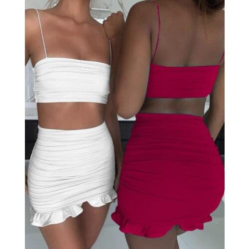 Summer 2020 Women Set Spaghetti Strap Crop Top White Sexy And Mini Bodycon Skirt Ruffles Party Outfit Club Two Piece Sets
