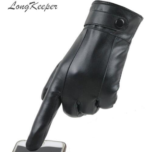 LongKeeper Fashion Winter PU Leather Gloves Men Full Finger Touch Screen Gloves Mittens Male Windproof Hombres Luva Black