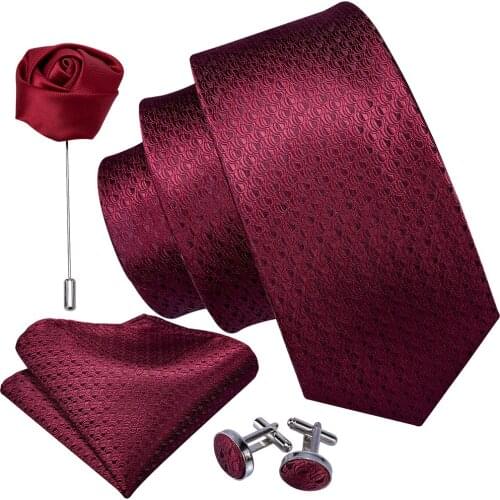 Men Tie Set Red Novelty Wedding Silk Necktie Brooch Handkerchief Cufflink Set Fashion Designer Barry.Wang Tie For Men Groom Gift