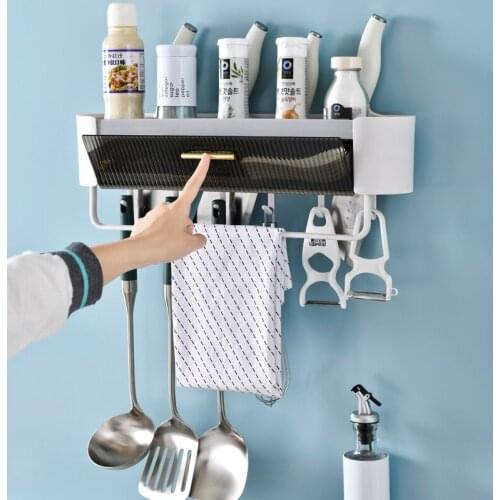 Wall Mounted Storage Rack with Drawer Box Kitchen Organizer Shelf with Hooks and Towel Rod Household Shelf Bathroom Accessories