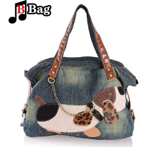 New denim bag fashion womens Korean big bag dog pattern originality Handbag female tidal current Shoulder bag Satchel