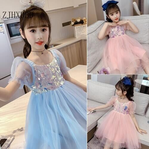 New Style Girls Korean Version Girls Sequined Dresses 2020 Princess Ball Gown Summer Cute Dress Childrens Clothing Blue Lace