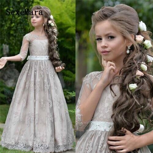 Gray Flower Girl Dresses for Wedding Lace Princess A Line Long Sleeves Pageant Party Gown For Kids Birthday Gown