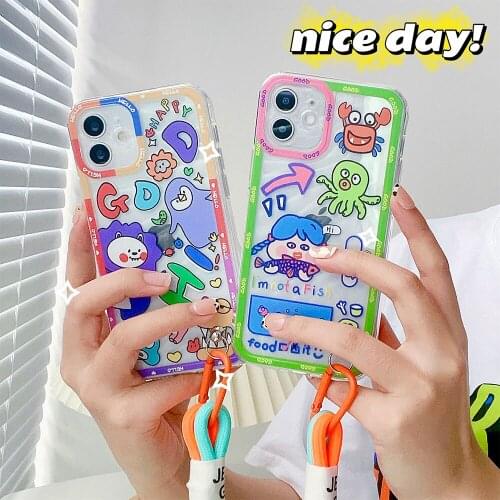 Korean Graffiti Cartoon Animal Fluorescent Rope Case for iphone11 12ProMax XR 8 7Plus Shockproof Camera Protective Clear Cover