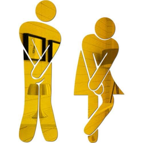 Removable Cute Man Woman Washroom Toilet WC Wall Sticker Family DIY Decor Mirror Sticker Home Decor for Bathroom (Golden)
