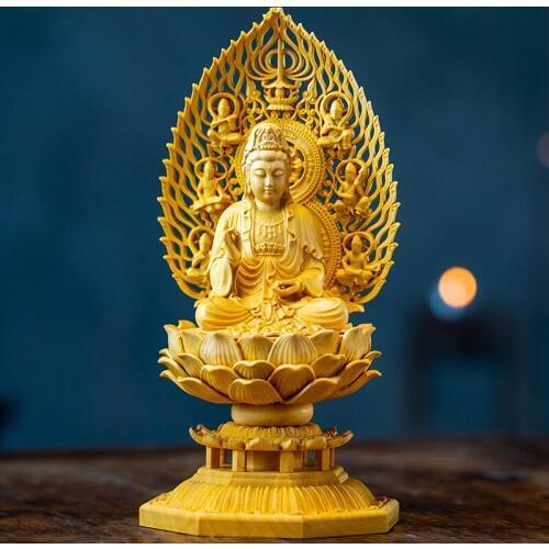 18CM Sit Guanyin Buddha Bodhisattva Solid Wood Japan Temple Carving mercy buddha God Handmade Feng Shui Buda Statues for Decor