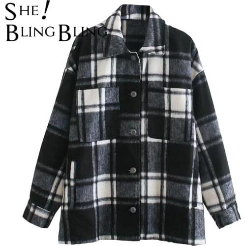 SheBlingBling 2021 Vintage Plaid Shirt Jacket Cotes Woolen Coat Female Loose Long Jacket Streetwear Overszie Plus Size Outwear
