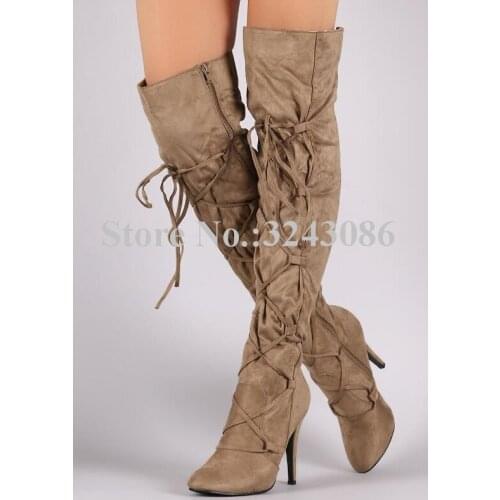 Lady New Lace-up Long Boots Fashion Design Suede Stiletto Heel Over the Knee Boots Women Large Size Winter Boots Dropship