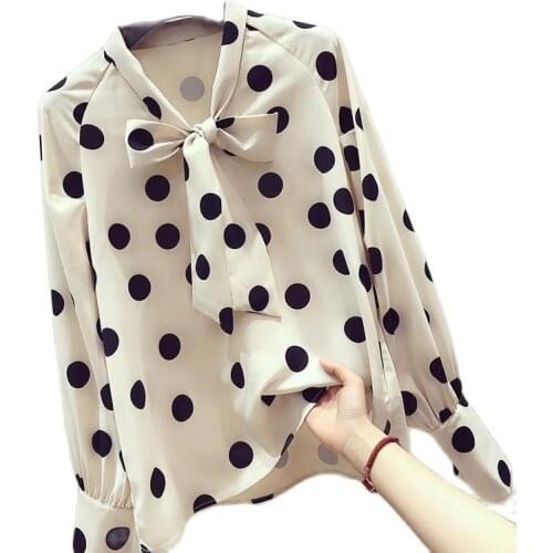 2021 Plus Size Polka Dot Bow Tie Chiffon Chic Retro Shirt Suit Trench Coat With Female Long-sleeved Loose Shirt