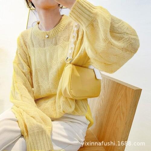 Mohair Plus Size Lazy Crochet Hollow Pullover Womens Autumn Korean Casual Thin Lantern Sleeve Harajuku Pink Purple Knitted Tops