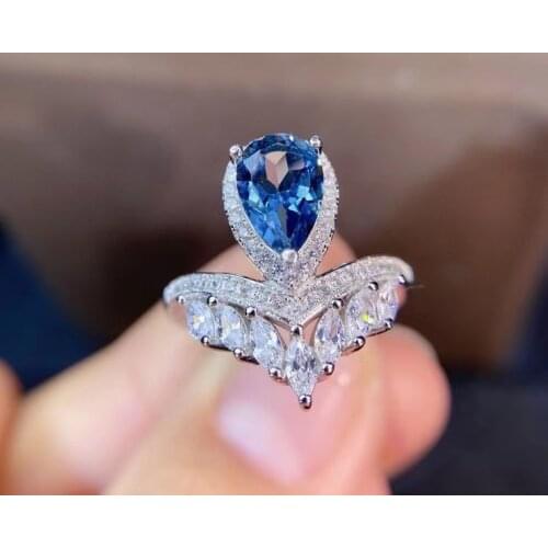 Elegant personality tulips water drop Natural blue topaz Ring Natural gemston Ring S925 silver women girl party gift Jewelry