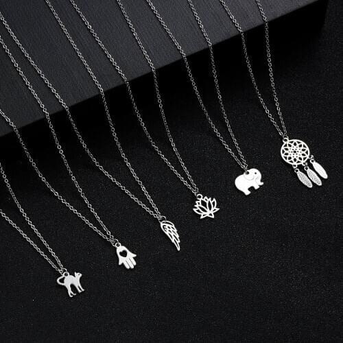 Women Fashion Yoga Lotus Pendant Necklaces Stainless Steel Elephant Cat Dream Catcher Choker Long Chain Necklace Jewerly Gifts