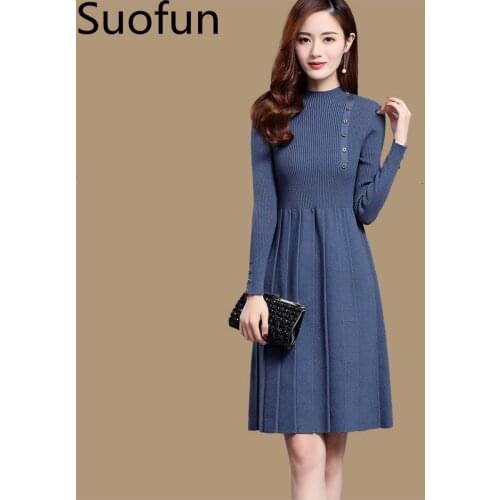 Suofun Long O-Neck Dress Casual Solid 2021 Woman Dress Office Lady Runway Fashion Knitt Dresses Winter Sweater Dress
