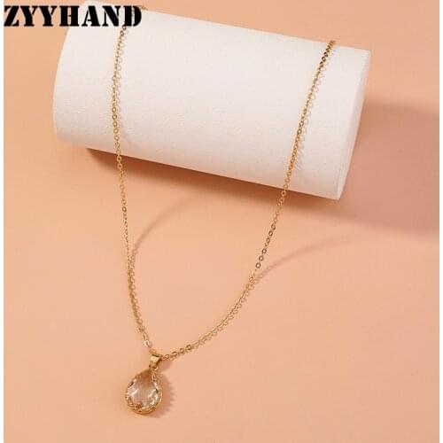 Transparent Drop Water Crystal Golden Necklace Women Cross Chain Romantic Luxury Girl Pendant Jewelry