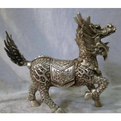 7" China Silver FengShui Animal Foo Dog Lion kylin unicorn Chinese dragon Statue