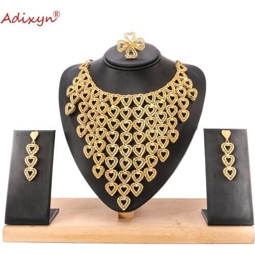 Adixyn Heart Shape Necklace Earrings Ring For Women 24K Gold Color Jewelry set Africa India Bridal Wedding Gifts