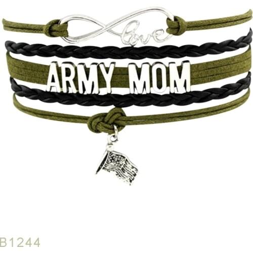 Infinity Love Army Wife Mom Silver Heart Charm Handmade Leather Wrap Bracelets for Women