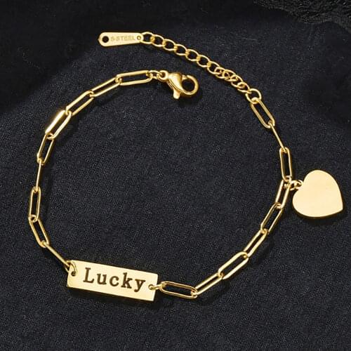 HUHUI Custom Name Bracelet With Rectangular Tag Personality Engraved Letter Stainless Steel Clip Chain Heart bracelet Best Gift
