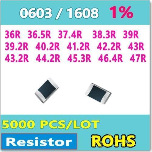 JASNPROSMA OHM 0603 F 1% 5000pcs 36R 36.5R 37.4R 38.3R 39R 39.2R 40.2R 41.2R 42.2R 43R 43.2R 44.2R 45.3R 46.4R 47R smd 1608