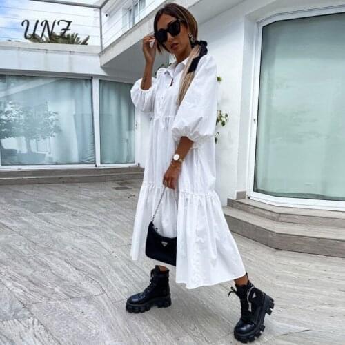 Fashion Ladies Shirt Sundress Summer Lapel Plus Size Dresses Pleated Sleeves Dress For Female Big Swing Solid Color Vestidos 2XL