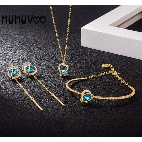 SWA Fashion Jewelry High Quality Charm Heart Shaped Love Blue Crystal Ladies Clavicle Chain Necklace For Women