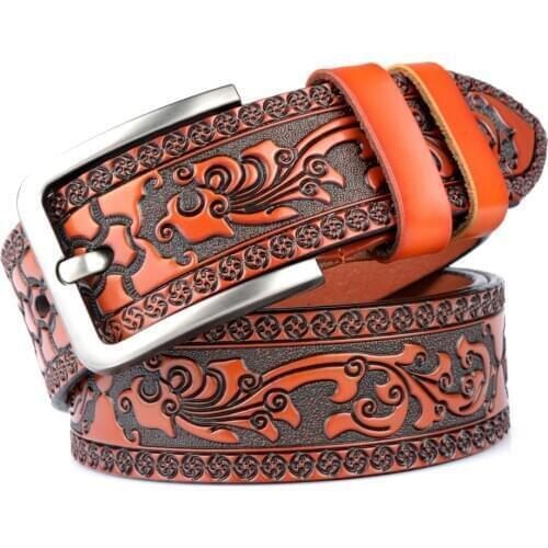 New Genuine Leather Belts for Men Designer Belt Male Leaf Dragon Printed Vintage Pin Buckle Luxury Strap Fashion High Quality