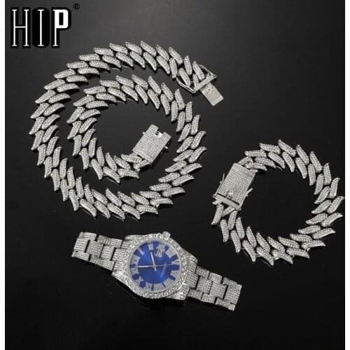 Hip Hop 20MM 3PCS KIT Watch+Necklace+Bracelet Thorns Cuban Link Chains Bling AAA+ Iced Out Alloy Rhinestones For Men Jewelry