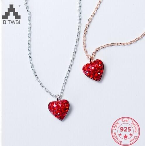 European American 925 Sterling Silver Trendy Concise Love Red Diamond Heart Pendant Necklace Fine Jewelry Gift for Girlfriend