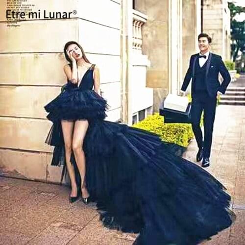 2021 Dresses For Parties Black V-neck A-line Tiered Ruffles Womens Evening Dress Sexy Prom Gowns L4250