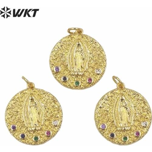 WT-MP146 Wholesale women jewelry pendant brass in full gold electroplated small round religious virgin mary blessed pendant
