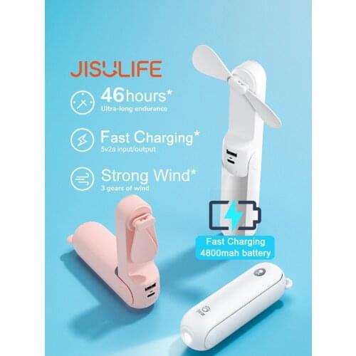 JISULIFE Mini Fan Portable Fan 4800mAh Enduring Silent Foldable Usb Rechargeable Fan with Power Bank and Flashlight Function